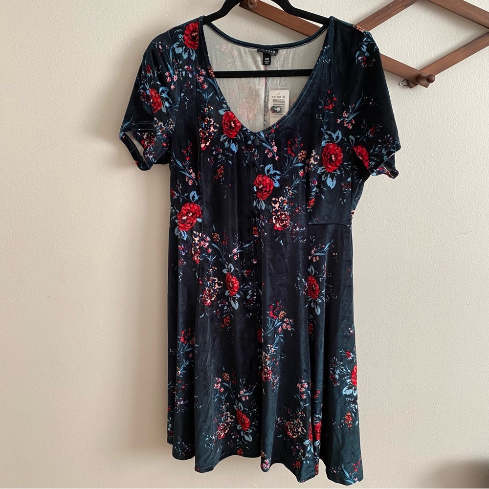 Torrid Velvet Dress with Red Floral Pattern